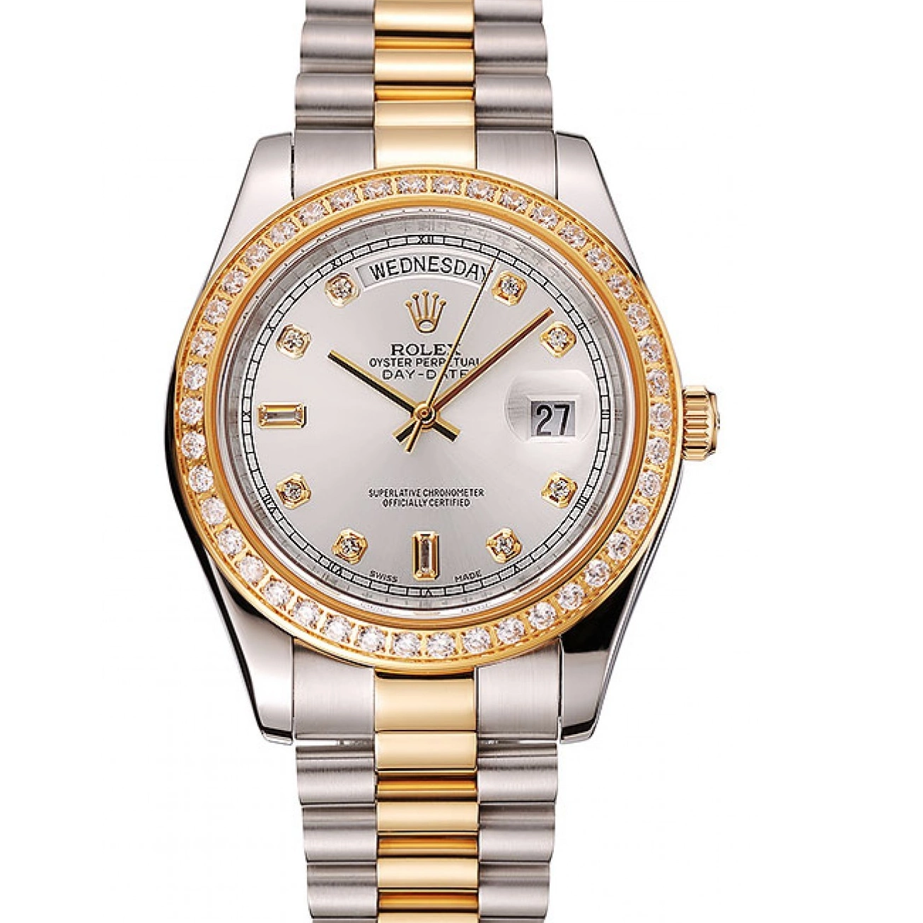 Aaa replica watch Bracelet Day-Date Two Diamond Gold Steel White Rolex Case Dial Swiss Stainless Tone 1453972 0821